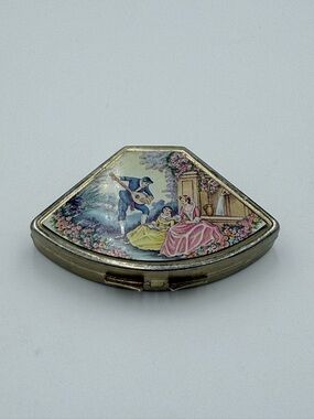 Vintage Fan Shaped Pill Box Victorian Garden Scene